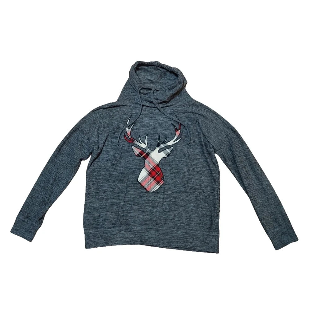 Maurices Gray Plaid Reindeer Cowl Neck Cozy Pullover Sweatshirt - Picture 10 of 13